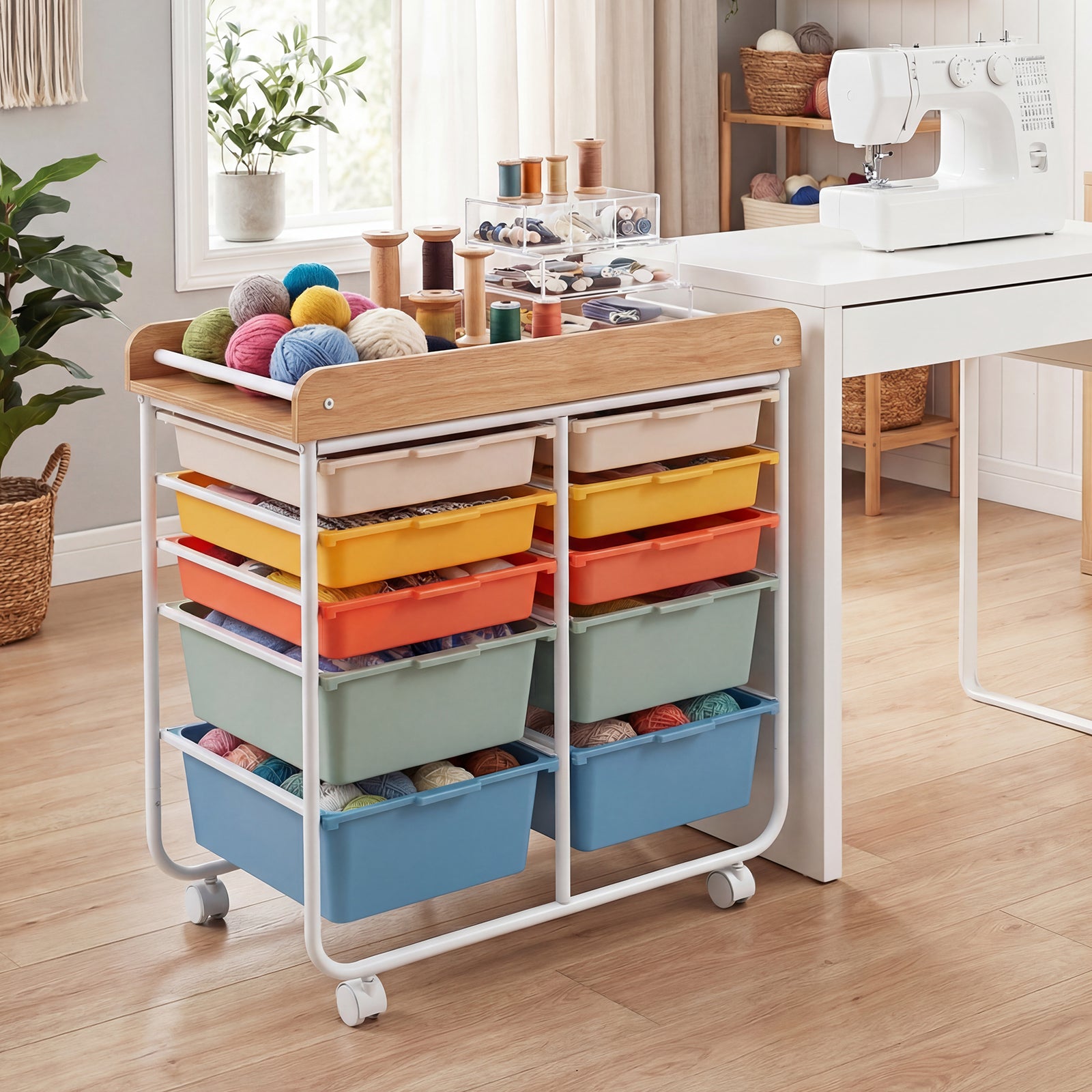 10-Drawer Rolling Cart, Wooden Tabletop, Lockable Wheels, Macaron File Cabinets at Gallery Canada