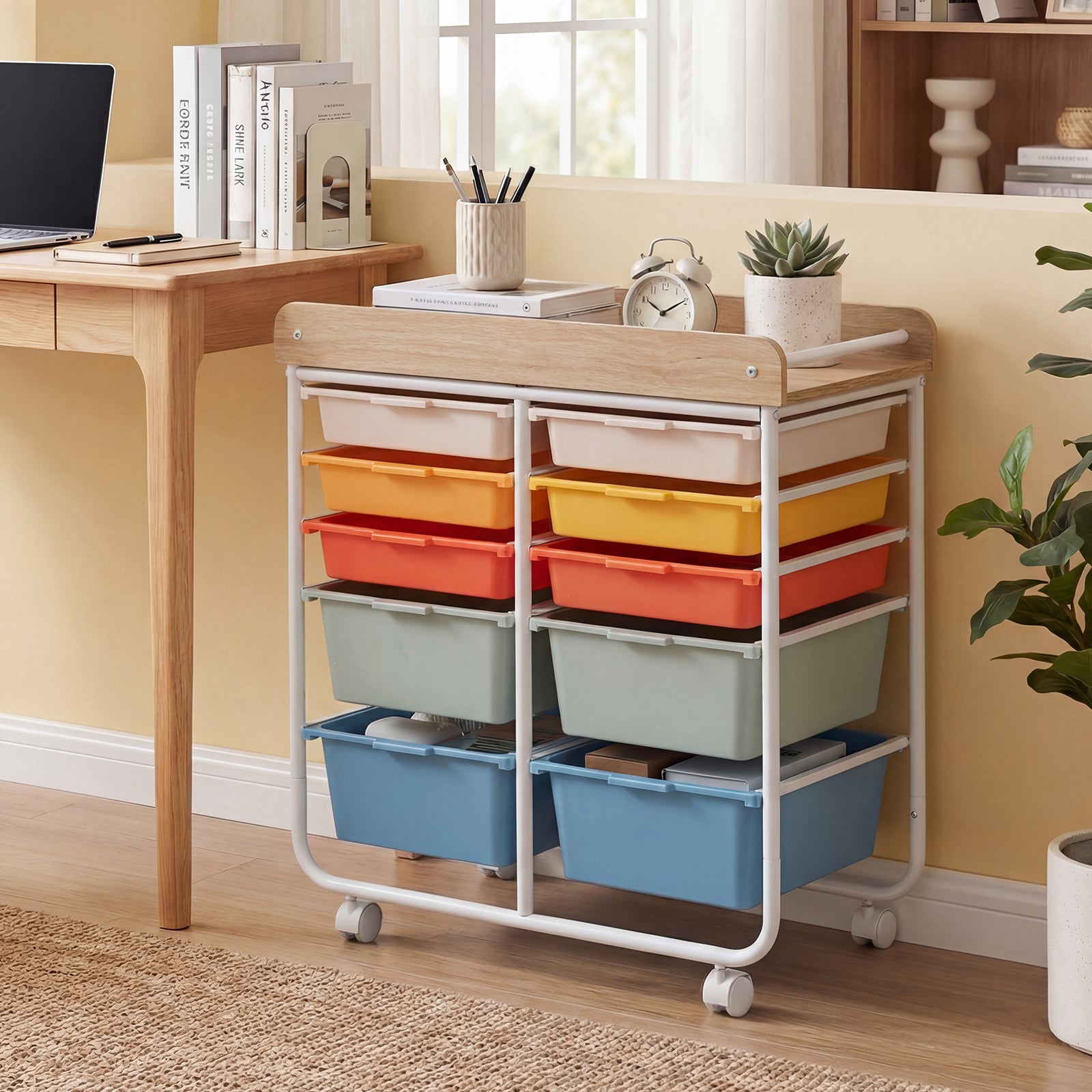 10-Drawer Rolling Cart, Wooden Tabletop, Lockable Wheels, Macaron File Cabinets at Gallery Canada