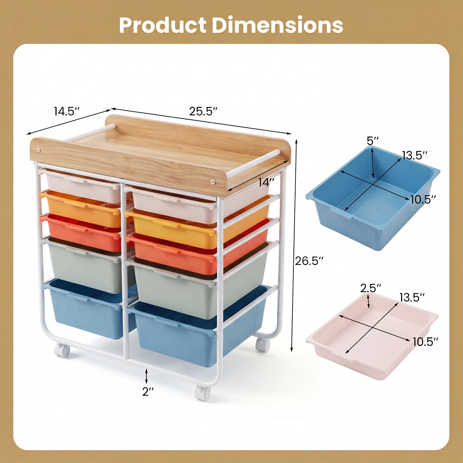 10-Drawer Rolling Cart, Wooden Tabletop, Lockable Wheels, Macaron File Cabinets at Gallery Canada