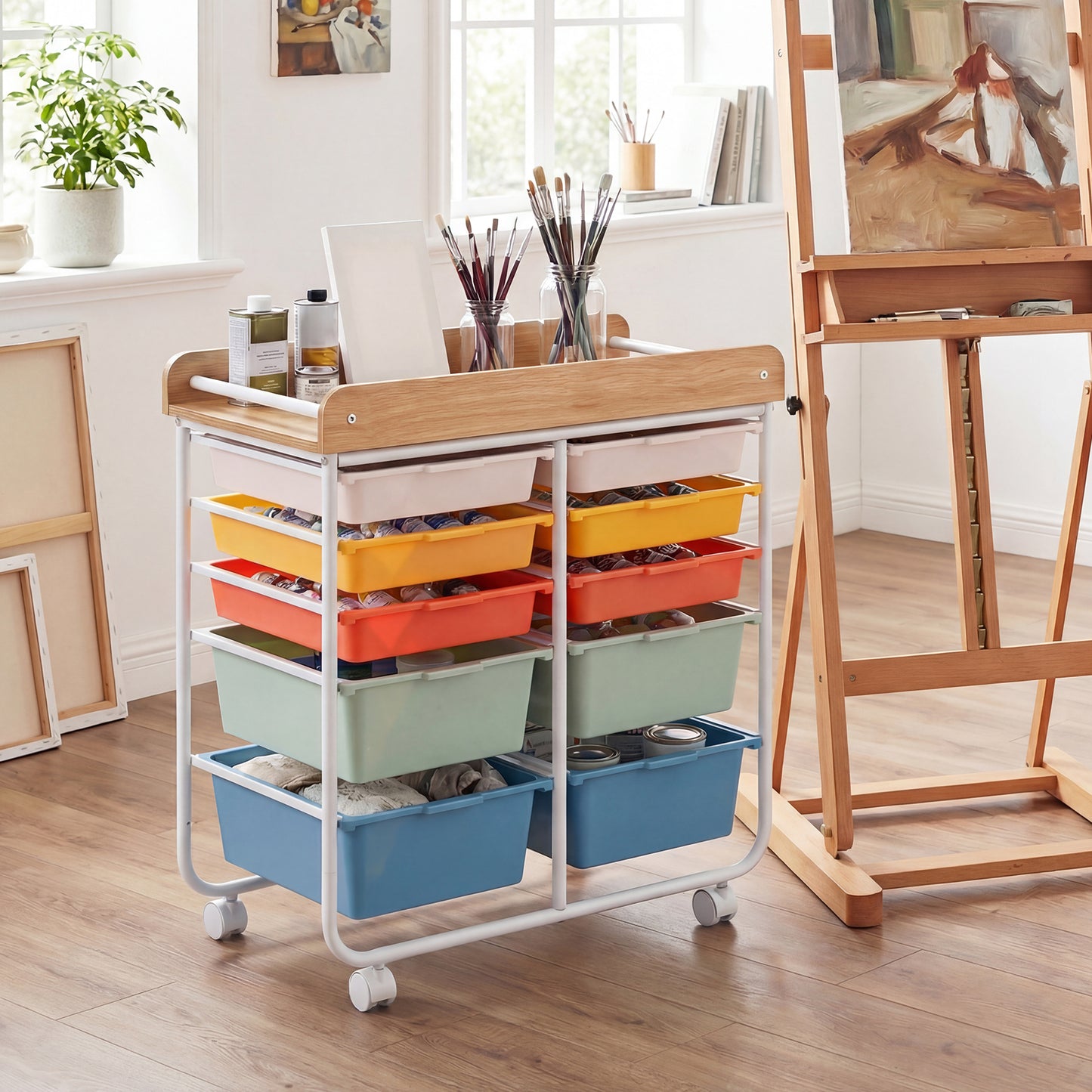 10-Drawer Rolling Cart, Wooden Tabletop, Lockable Wheels, Macaron File Cabinets at Gallery Canada