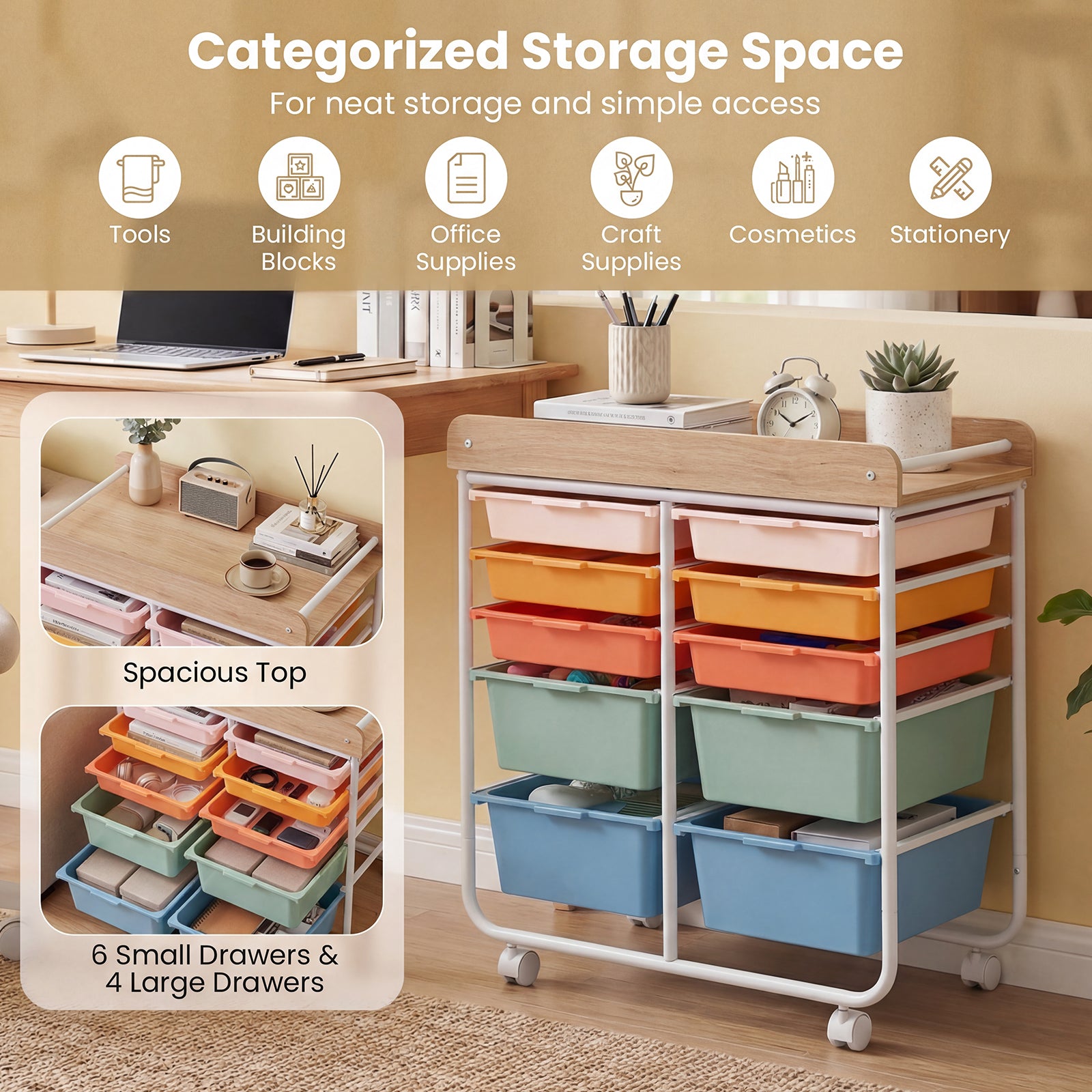 10-Drawer Rolling Cart, Wooden Tabletop, Lockable Wheels, Macaron File Cabinets at Gallery Canada