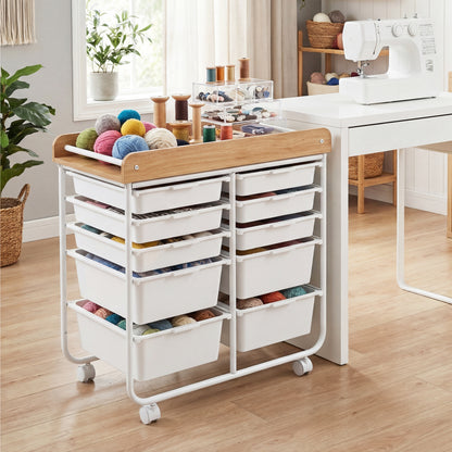 10-Drawer Rolling Cart with Wooden Tabletop and Lockable Wheels for Office, White File Cabinets at Gallery Canada