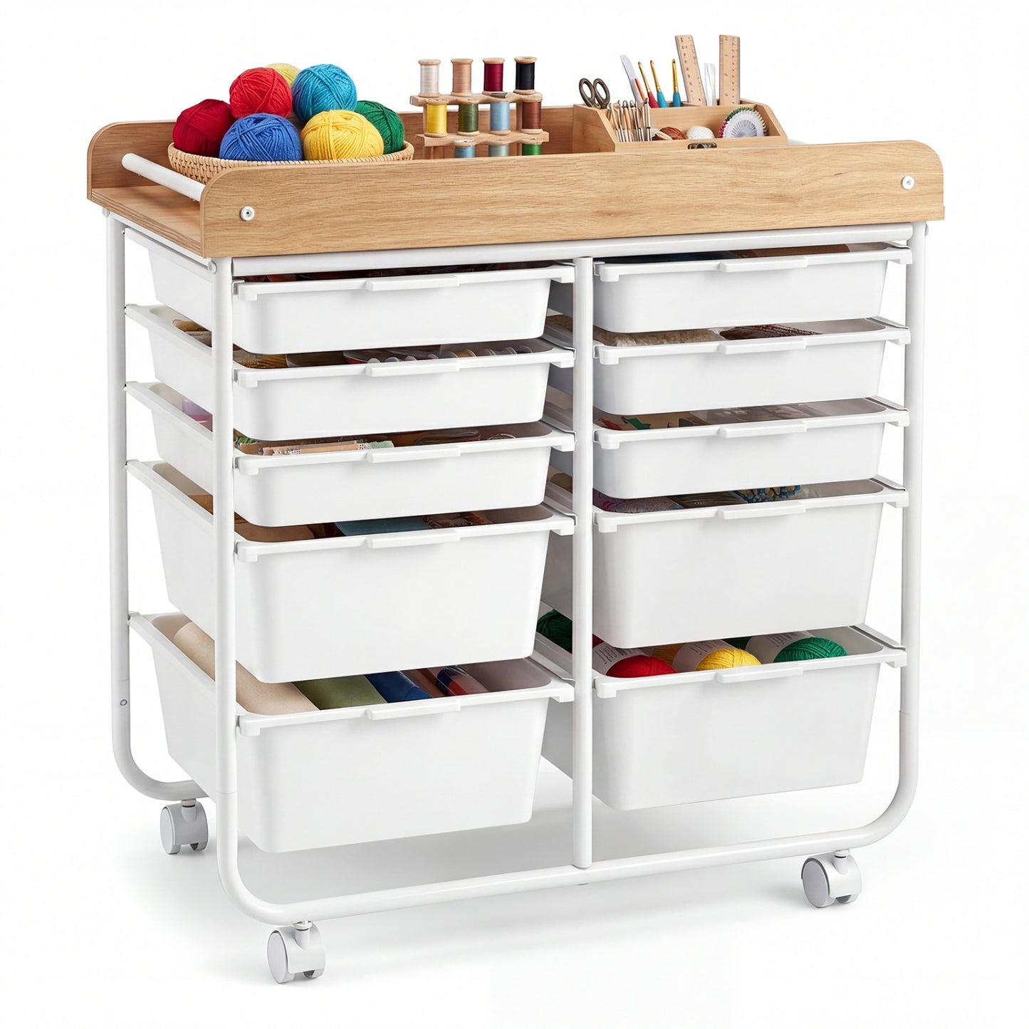 10-Drawer Rolling Cart with Wooden Tabletop and Lockable Wheels for Office, White File Cabinets at Gallery Canada