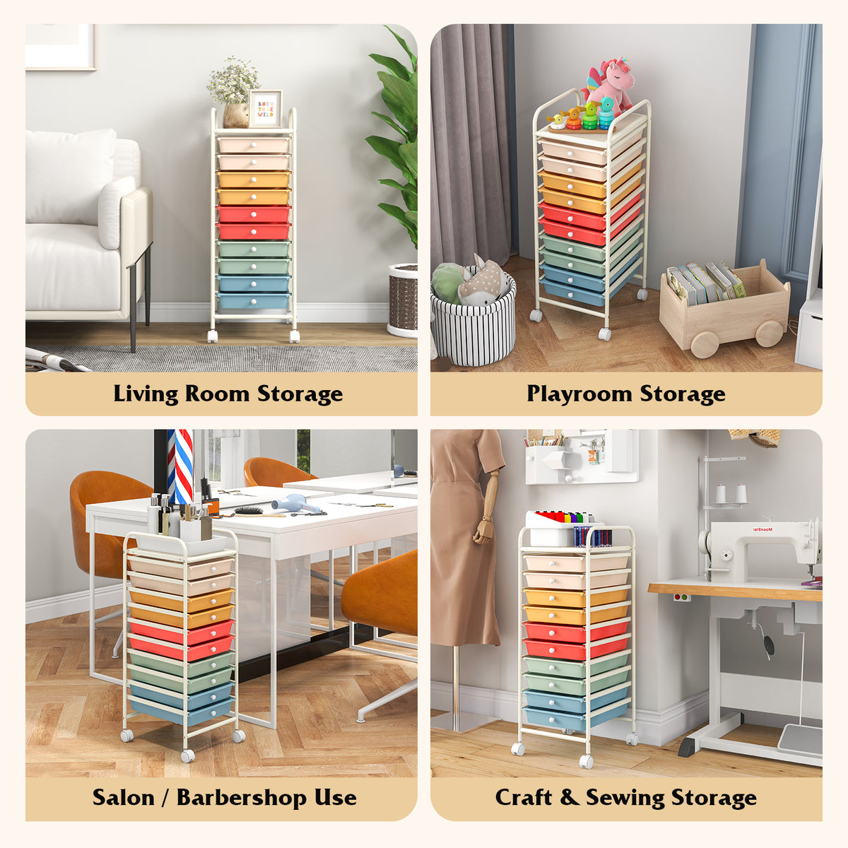 10 Drawer Rolling Storage Cart Organizer, Multicolor, Macaron File Cabinets at Gallery Canada