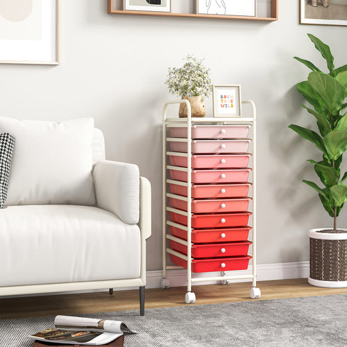 10 Drawer Rolling Storage Cart, With 4 Casters, Pink