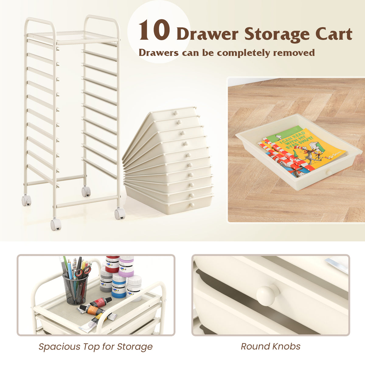 10 Drawer Rolling Storage Cart Organizer, White File Cabinets at Gallery Canada