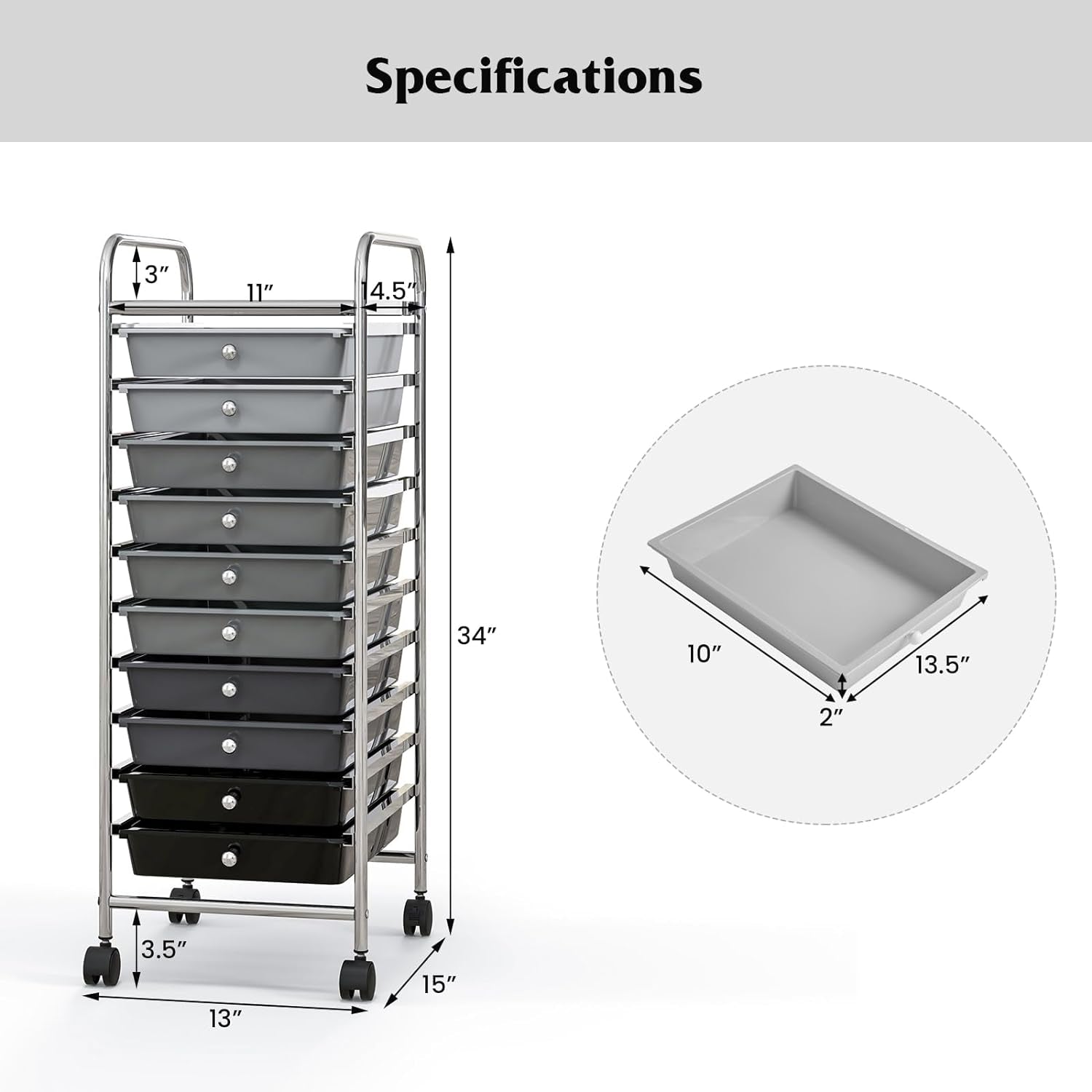 10 Drawer Rolling Storage Cart Organizer, Gradient, Gray File Cabinets at Gallery Canada