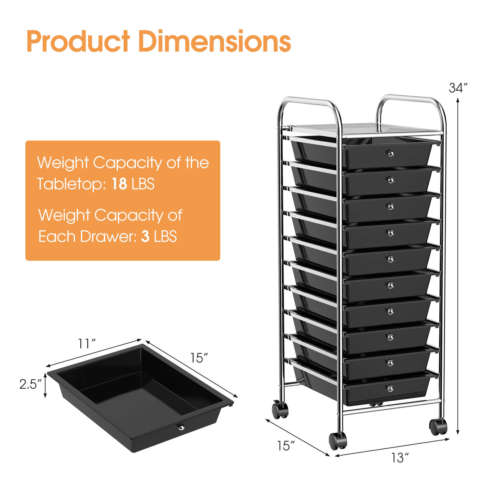 10 Drawer Rolling Storage Cart Organizer, Black File Cabinets at Gallery Canada
