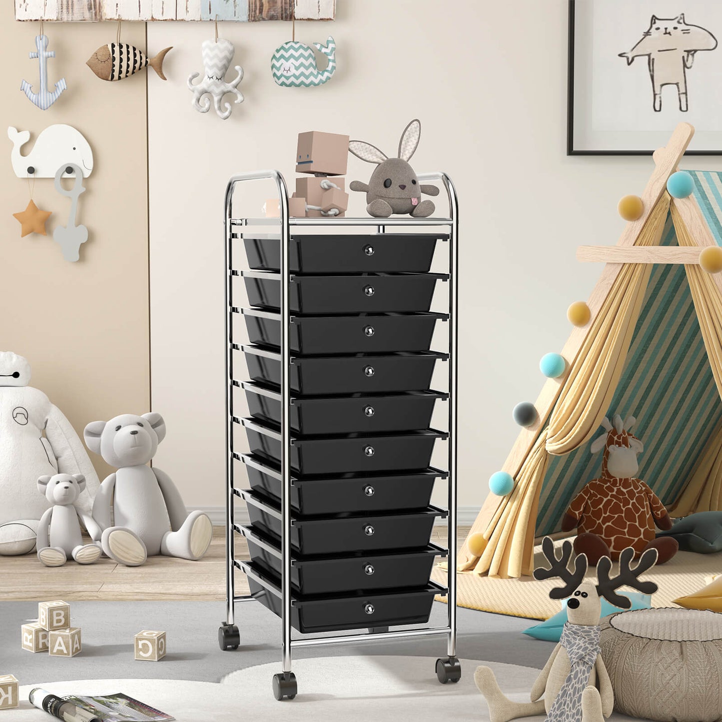 10 Drawer Rolling Storage Cart Organizer, Black File Cabinets at Gallery Canada