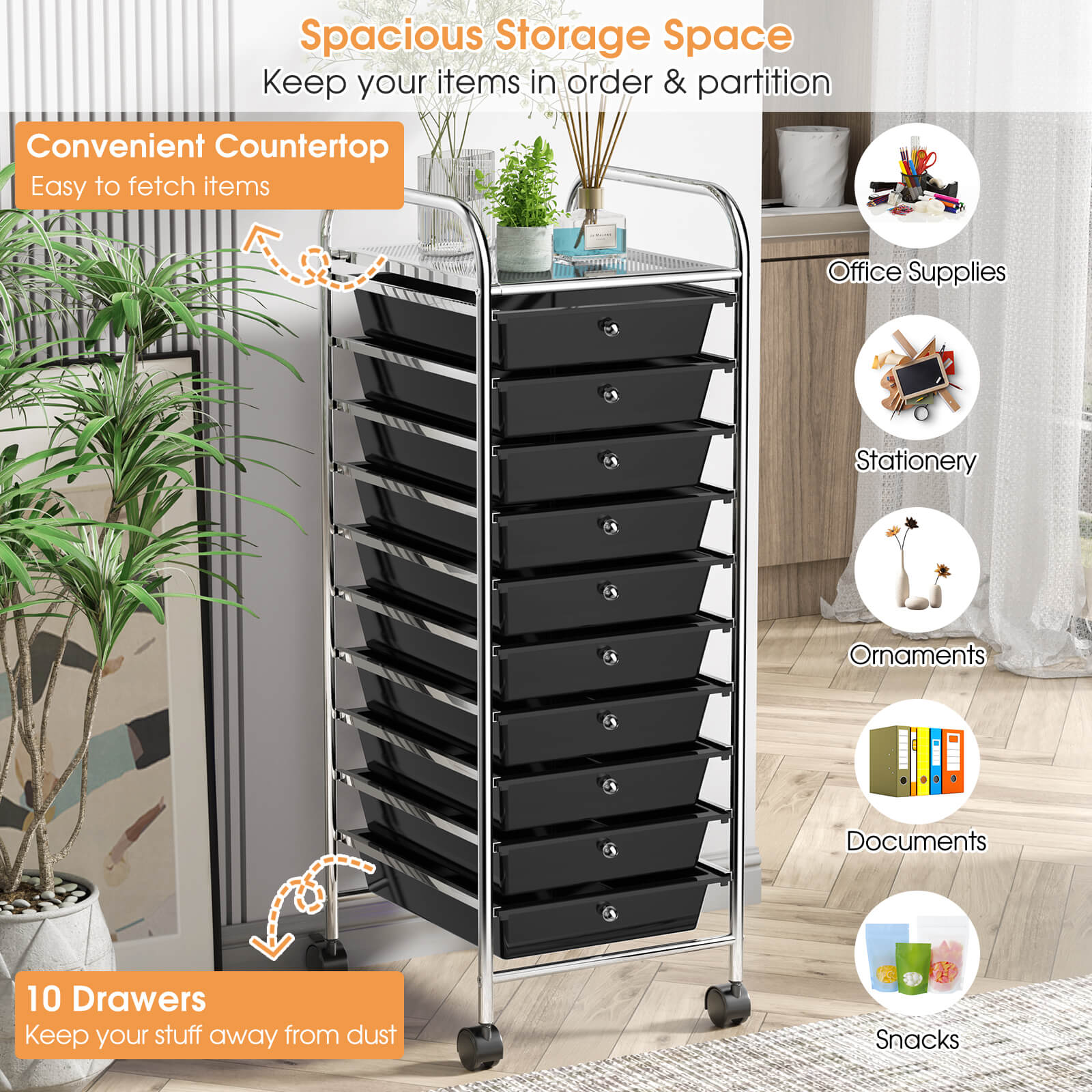 10 Drawer Rolling Storage Cart Organizer, Black File Cabinets at Gallery Canada