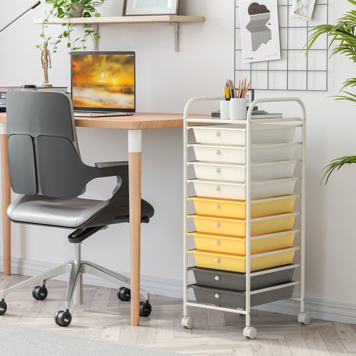 10 Drawer Rolling Storage Cart, 4 Casters, Yellow