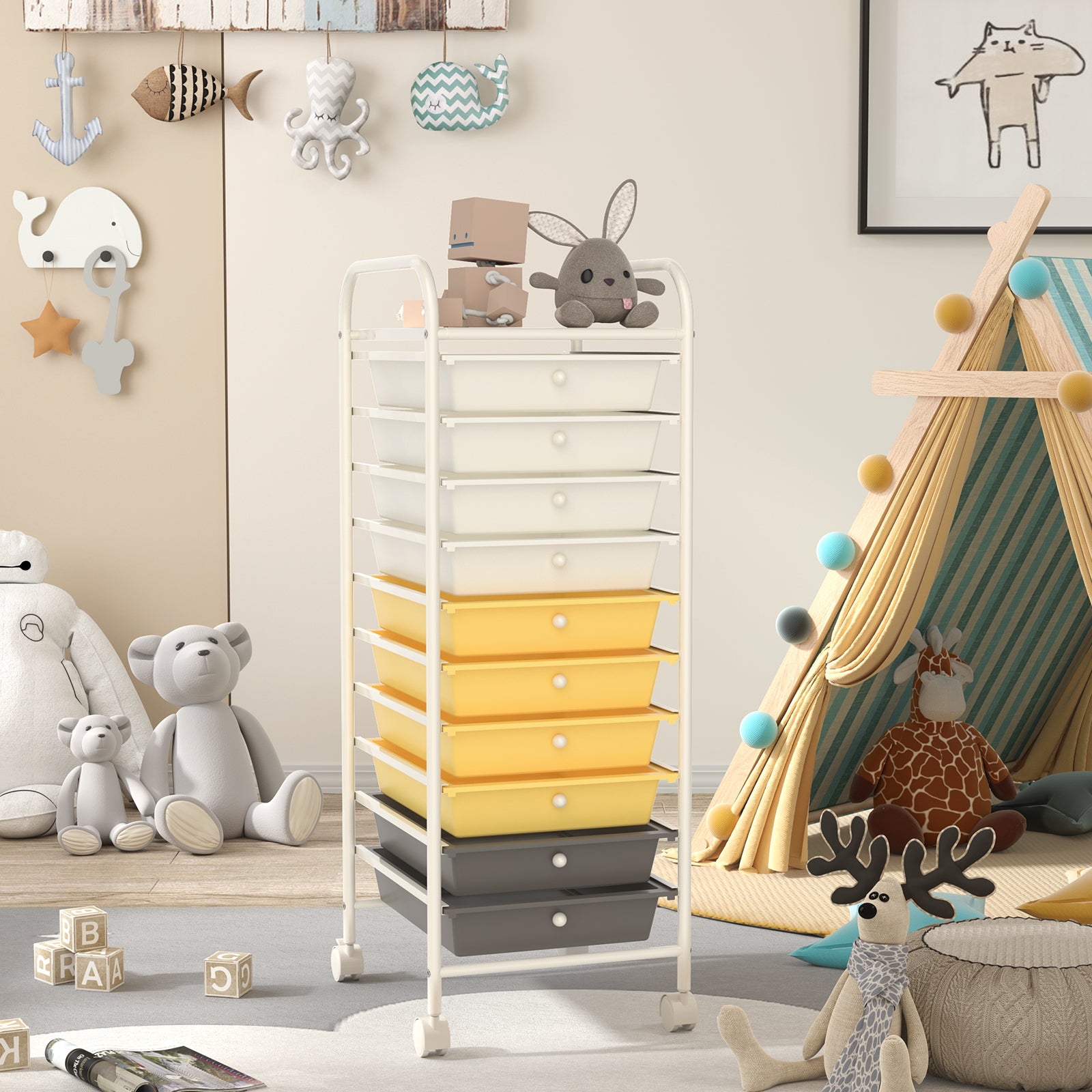 10 Drawer Rolling Storage Cart, 4 Casters, Yellow File Cabinets at Gallery Canada