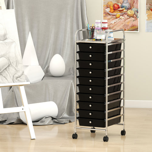 10-Drawer Rolling Storage Cart, Metal Frame, Lockable Wheels, Black