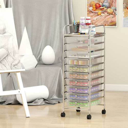 10-Drawer Rolling Storage Cart, Metal Frame, Lockable Wheels, White