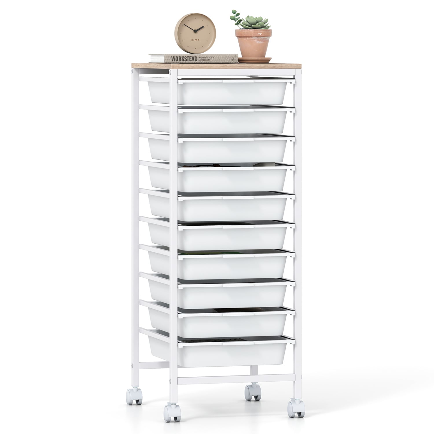 10-Drawer Rolling Storage Cart Mobile Utility Organizer with Wooden Tabletop and Lockable Wheels, White File Cabinets White at Gallery Canada