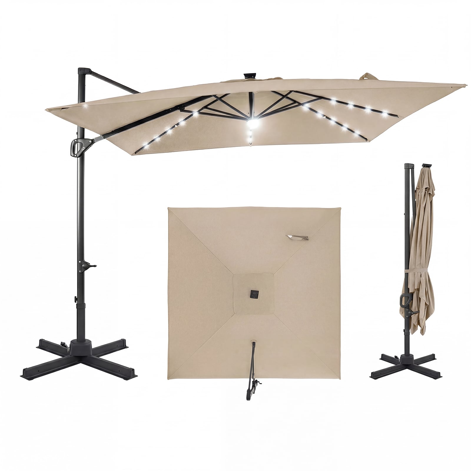 10 FT Cantilever Patio Umbrella with Solar LED Lights, Beige Outdoor Umbrellas Beige at Gallery Canada