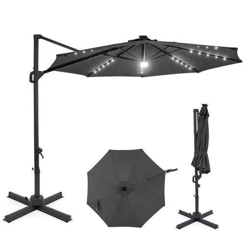 10 FT Cantilever Patio Umbrella, Solar LED Lights, 360° Rotation, Gray