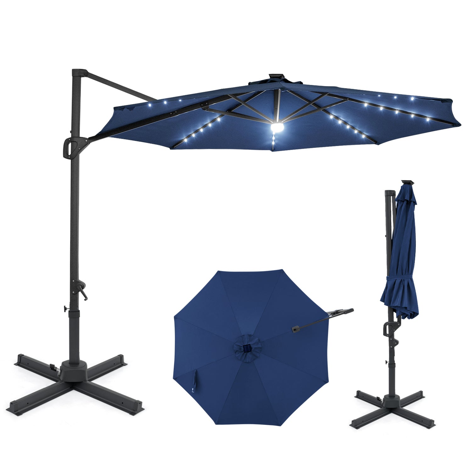 10 FT Cantilever Patio Umbrella, Solar LED Lights, 360° Rotation, Navy Outdoor Umbrellas at Gallery Canada