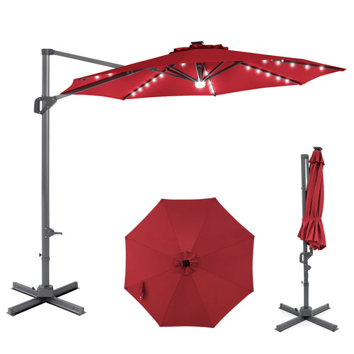 10 FT Cantilever Patio Umbrella, Solar LED Lights, 360° Rotation, Wine
