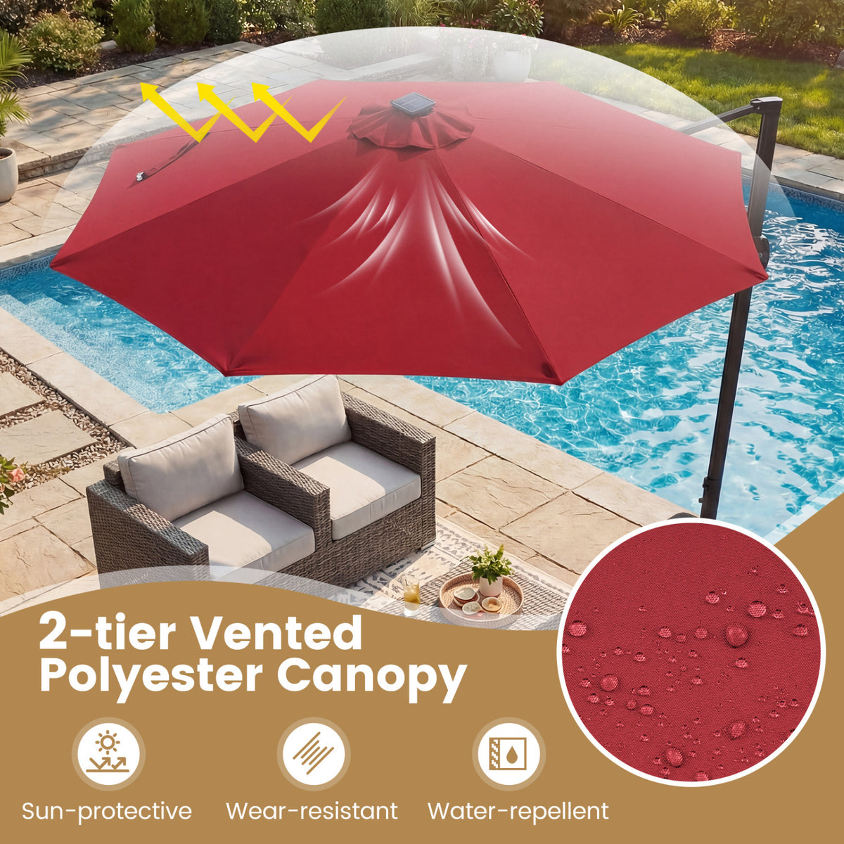 10 FT Cantilever Patio Umbrella, Solar LED Lights, 360° Rotation, Wine Outdoor Umbrellas at Gallery Canada
