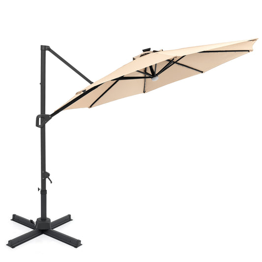 10 FT Cantilever Patio Umbrella, Solar LED Lights, 360 Rotation, Beige Outdoor Umbrellas Beige at Gallery Canada