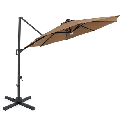 10 FT Cantilever Patio Umbrella, Solar LED Lights, 360° Rotation, Brown Outdoor Umbrellas Brown at Gallery Canada