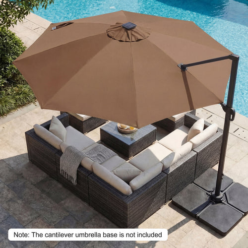 10 FT Cantilever Patio Umbrella, Solar LED Lights, 360° Rotation, Brown