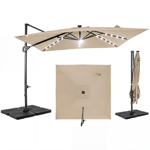 10 FT Cantilever Patio Umbrella with 32 Solar LED Lights and 220 LBS Bas, Beige