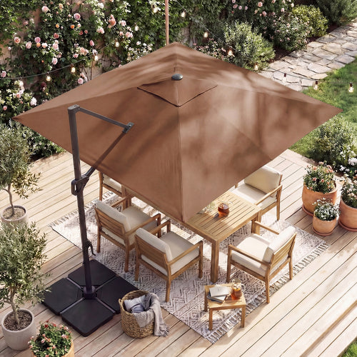 10 FT Cantilever Patio Umbrella with 32 Solar LED Lights and 220 LBS Bas, Brown