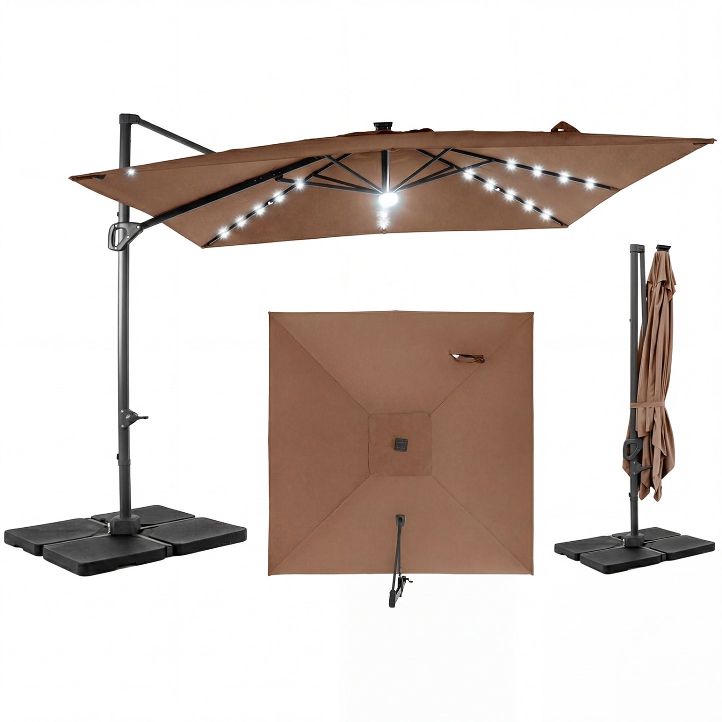 10 FT Cantilever Patio Umbrella with 32 Solar LED Lights and 220 LBS Bas, Brown Outdoor Umbrellas Brown at Gallery Canada