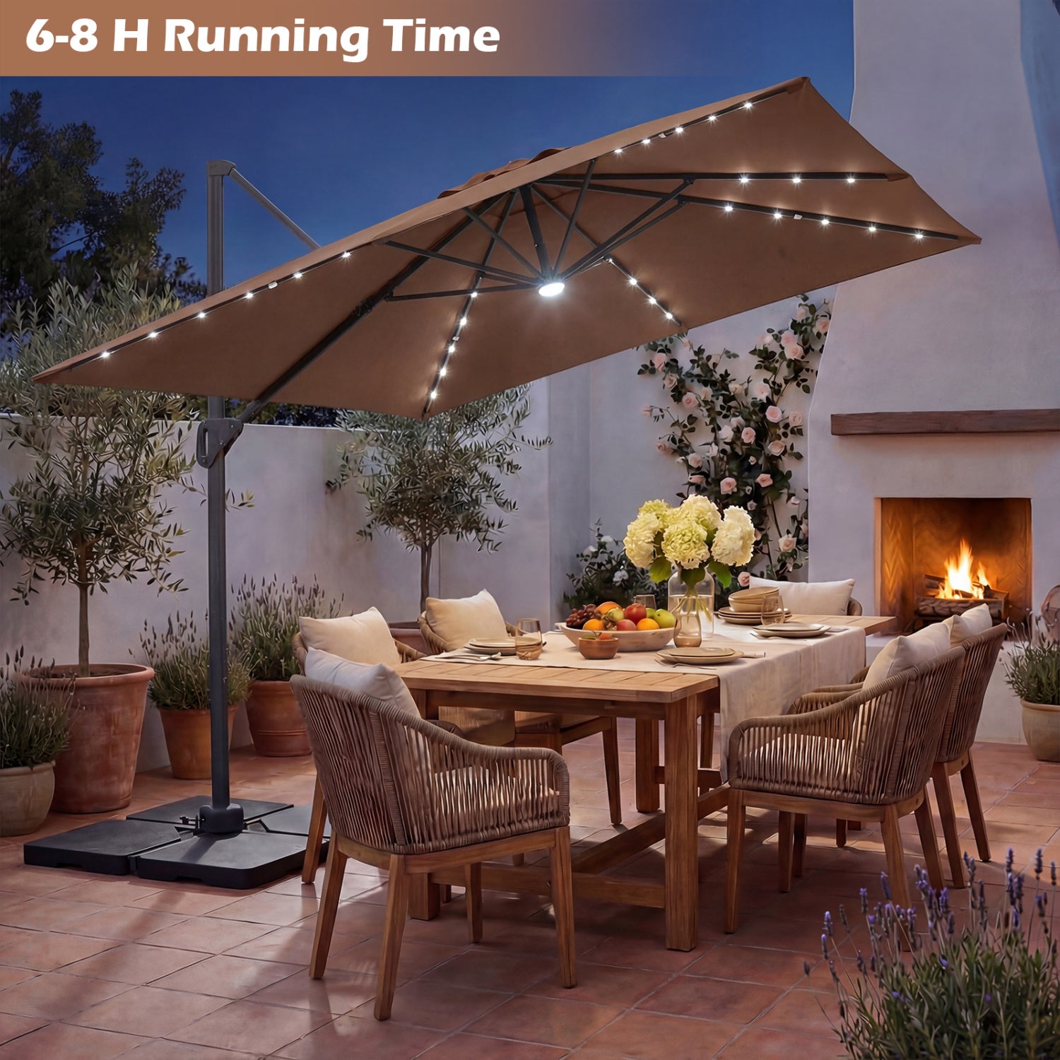 10 FT Cantilever Patio Umbrella with 32 Solar LED Lights and 220 LBS Bas, Brown Outdoor Umbrellas at Gallery Canada