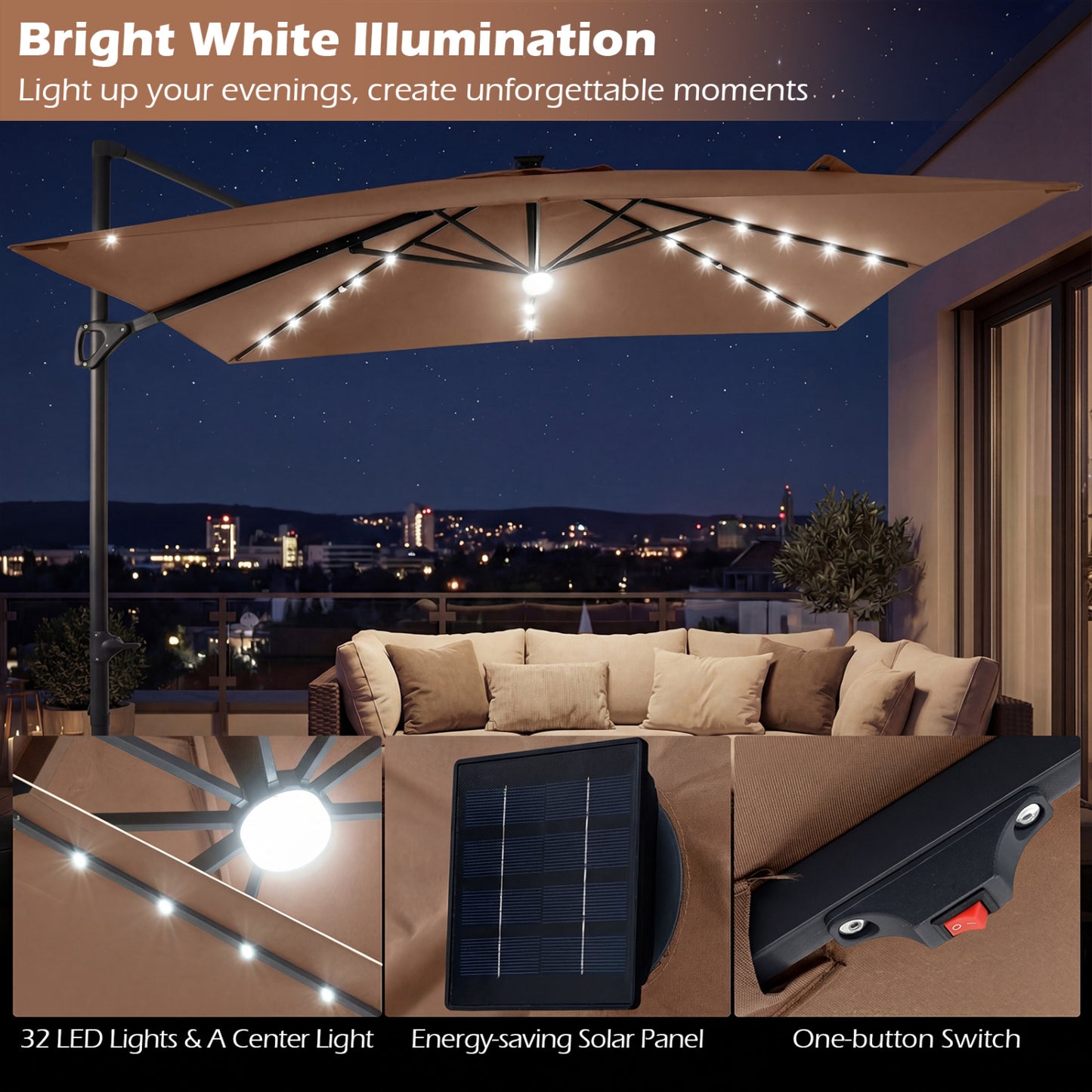 10 FT Cantilever Patio Umbrella with 32 Solar LED Lights and 220 LBS Bas, Brown Outdoor Umbrellas at Gallery Canada