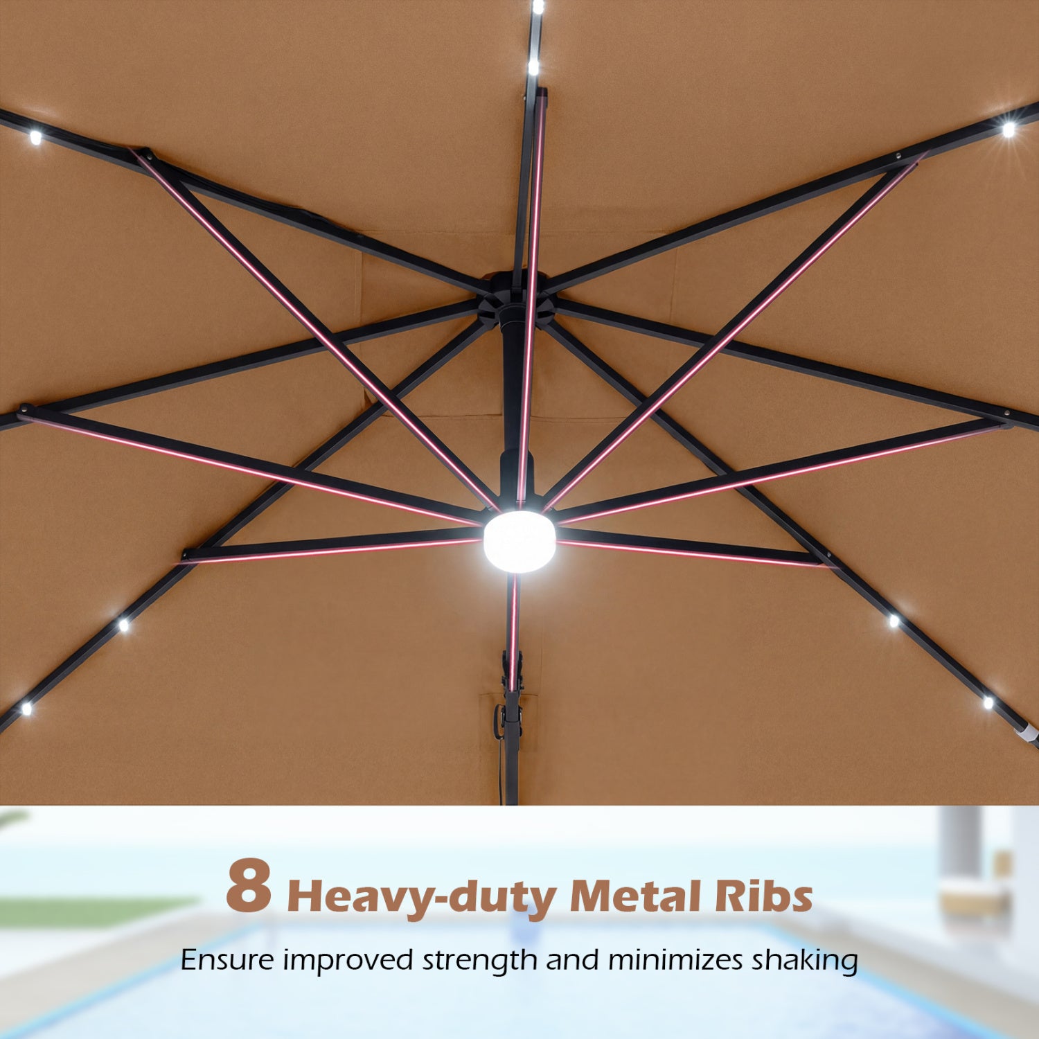 10 FT Cantilever Patio Umbrella with 32 Solar LED Lights and 220 LBS Bas, Brown Outdoor Umbrellas at Gallery Canada