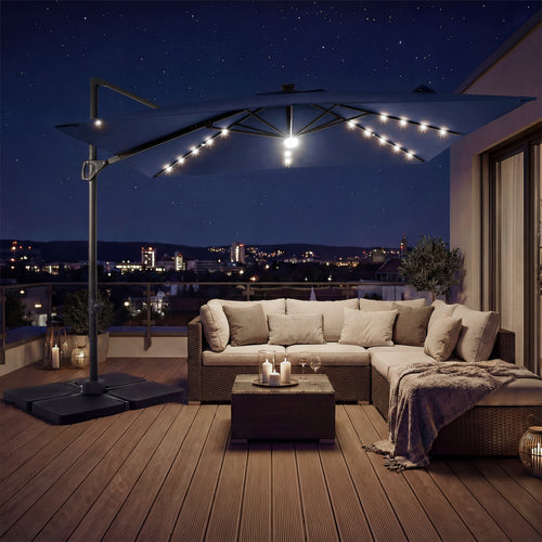 10 FT Cantilever Patio Umbrella with 32 Solar LED Lights and 220 LBS Bas, Dark Blue