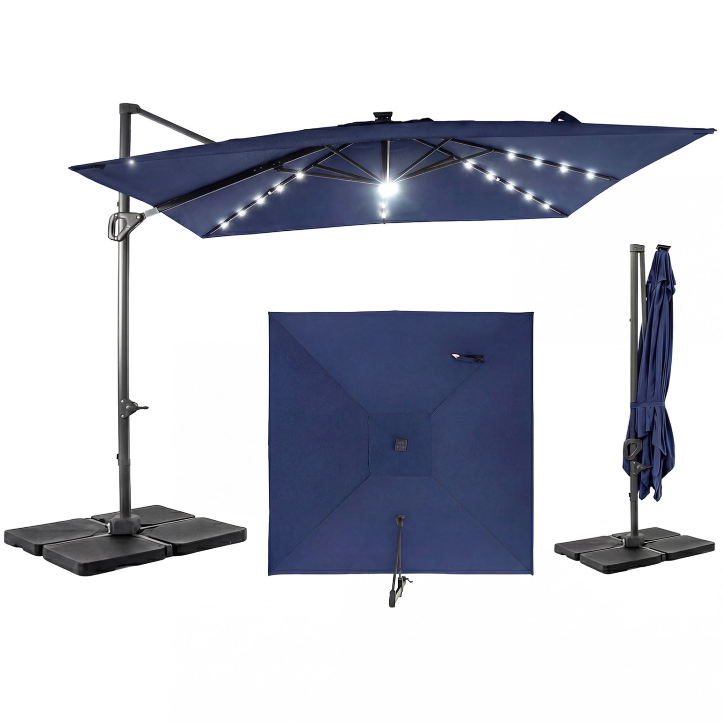 10 FT Cantilever Patio Umbrella with 32 Solar LED Lights and 220 LBS Bas, Dark Blue Outdoor Umbrellas at Gallery Canada
