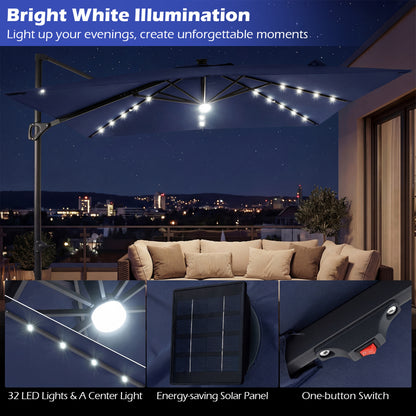 10 FT Cantilever Patio Umbrella with 32 Solar LED Lights and 220 LBS Bas, Dark Blue Outdoor Umbrellas at Gallery Canada