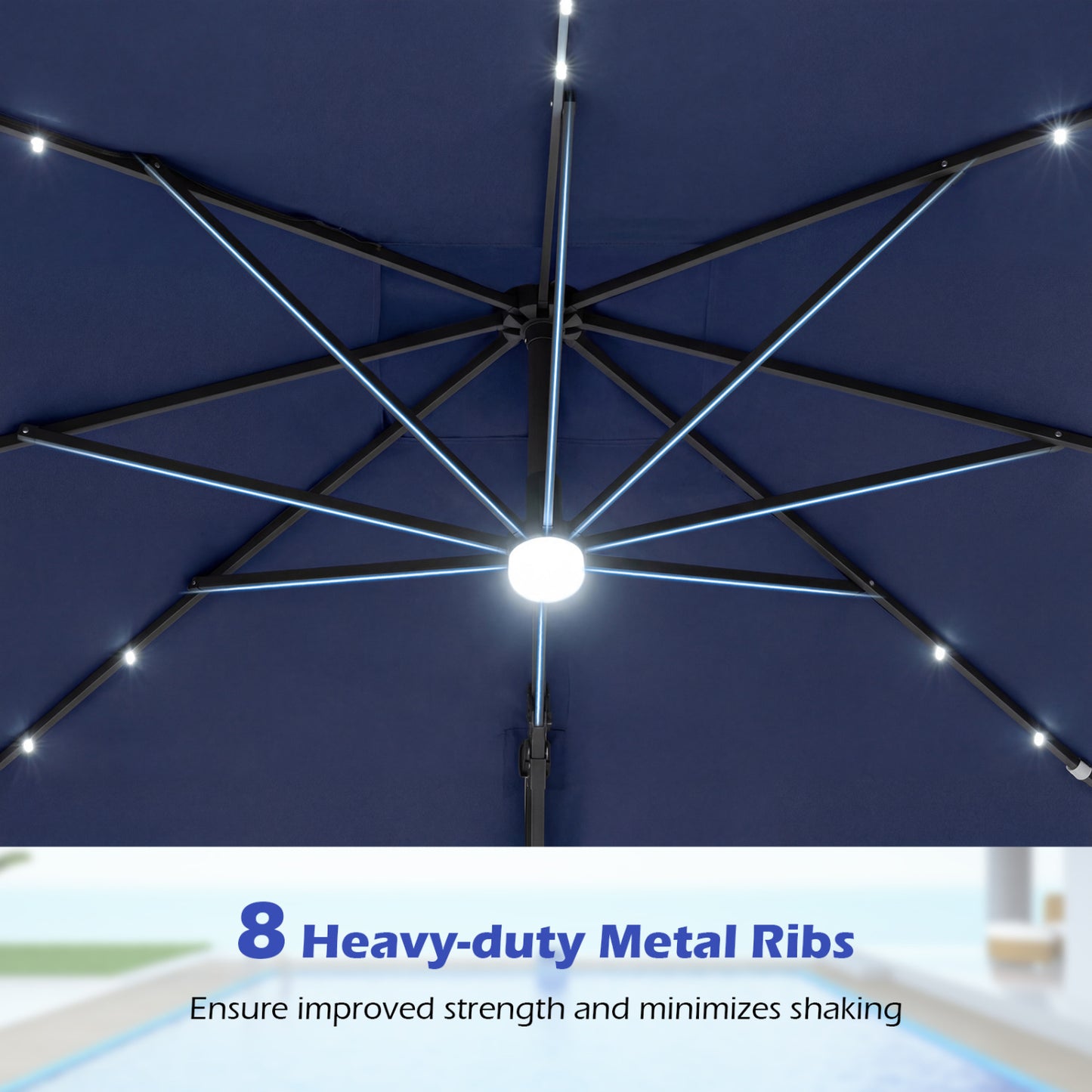 10 FT Cantilever Patio Umbrella with 32 Solar LED Lights and 220 LBS Bas, Dark Blue Outdoor Umbrellas at Gallery Canada