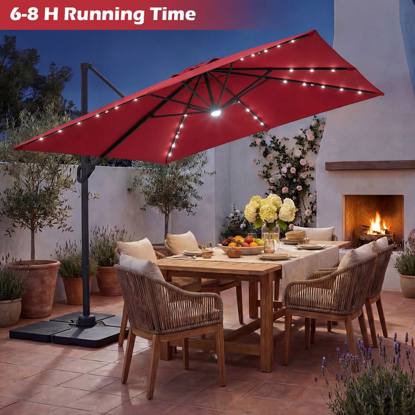10 FT Cantilever Patio Umbrella with 32 Solar LED Lights and 220 LBS Bas, Red Outdoor Umbrellas at Gallery Canada