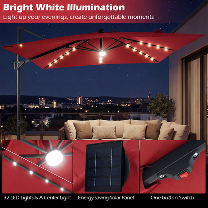 10 FT Cantilever Patio Umbrella with 32 Solar LED Lights and 220 LBS Bas, Red Outdoor Umbrellas at Gallery Canada