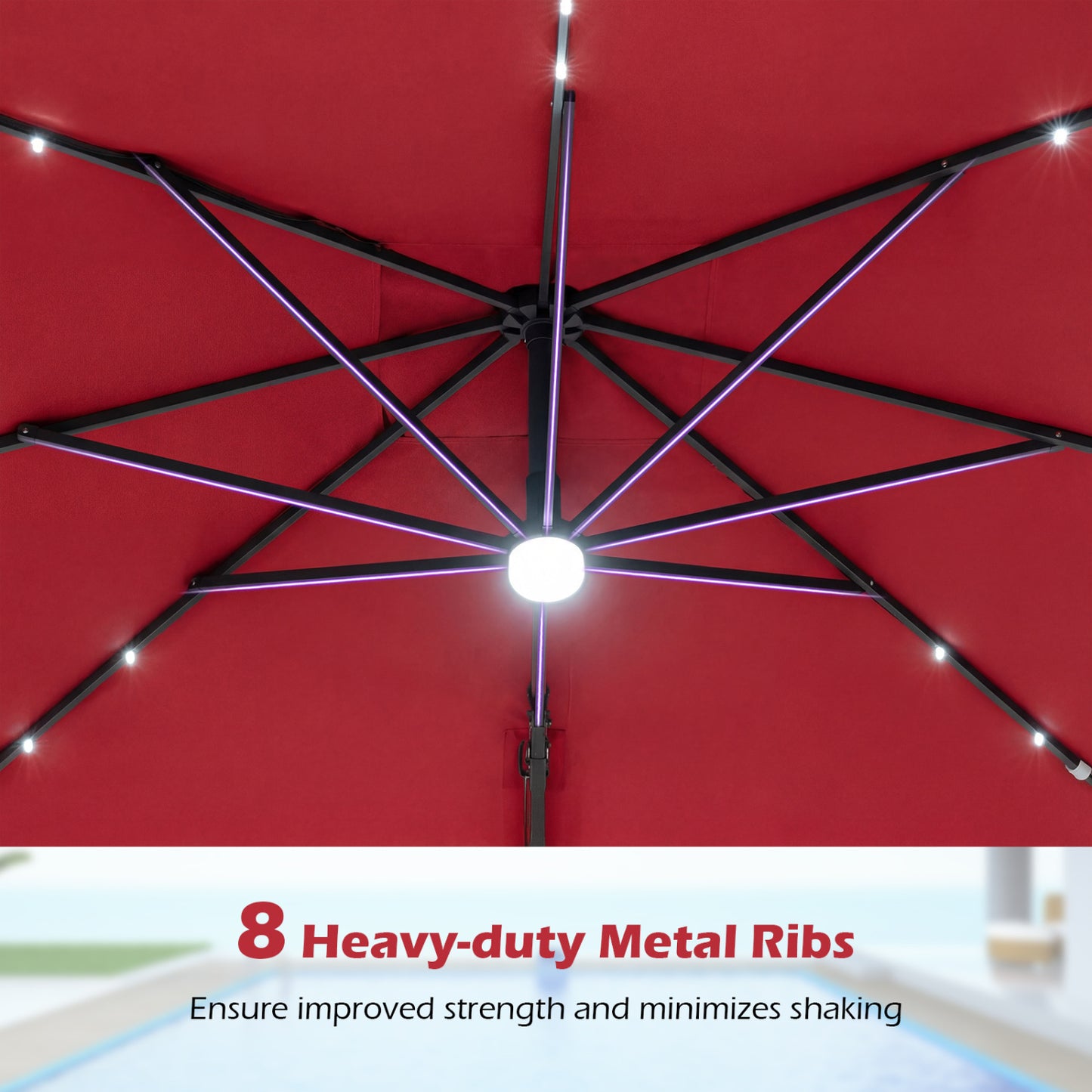 10 FT Cantilever Patio Umbrella with 32 Solar LED Lights and 220 LBS Bas, Red Outdoor Umbrellas at Gallery Canada