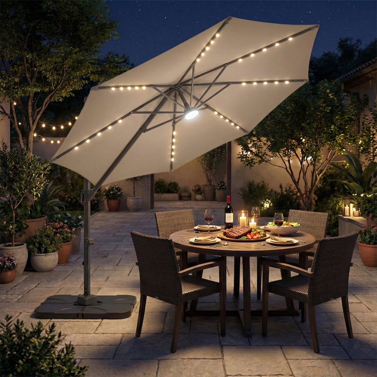 10 FT Cantilever Patio Umbrella with 35 Solar LED Lights and 220 LBS Base, Brown Outdoor Umbrellas at Gallery Canada