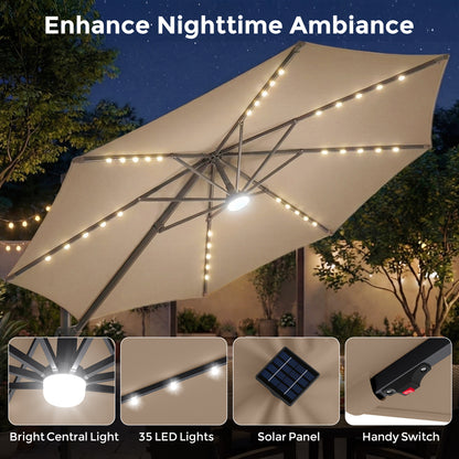 10 FT Cantilever Patio Umbrella with 35 Solar LED Lights and 220 LBS Base, Brown Outdoor Umbrellas at Gallery Canada