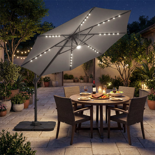 10 FT Cantilever Patio Umbrella with 35 Solar LED Lights and 220 LBS Base, Gray