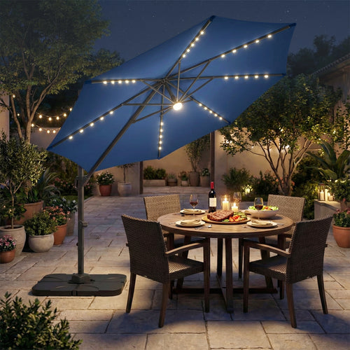 10 FT Cantilever Patio Umbrella with 35 Solar LED Lights and 220 LBS Base, Dark Blue