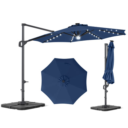 10 FT Cantilever Patio Umbrella with 35 Solar LED Lights and 220 LBS Base, Dark Blue Outdoor Umbrellas Dark Blue at Gallery Canada