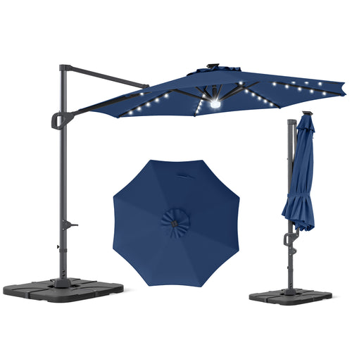 10 FT Cantilever Patio Umbrella with 35 Solar LED Lights and 220 LBS Base, Dark Blue