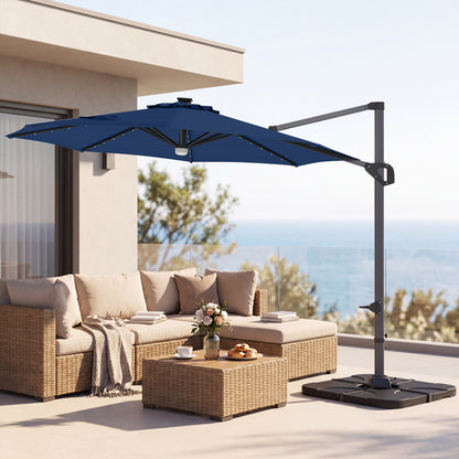 10 FT Cantilever Patio Umbrella with 35 Solar LED Lights and 220 LBS Base, Dark Blue Outdoor Umbrellas at Gallery Canada