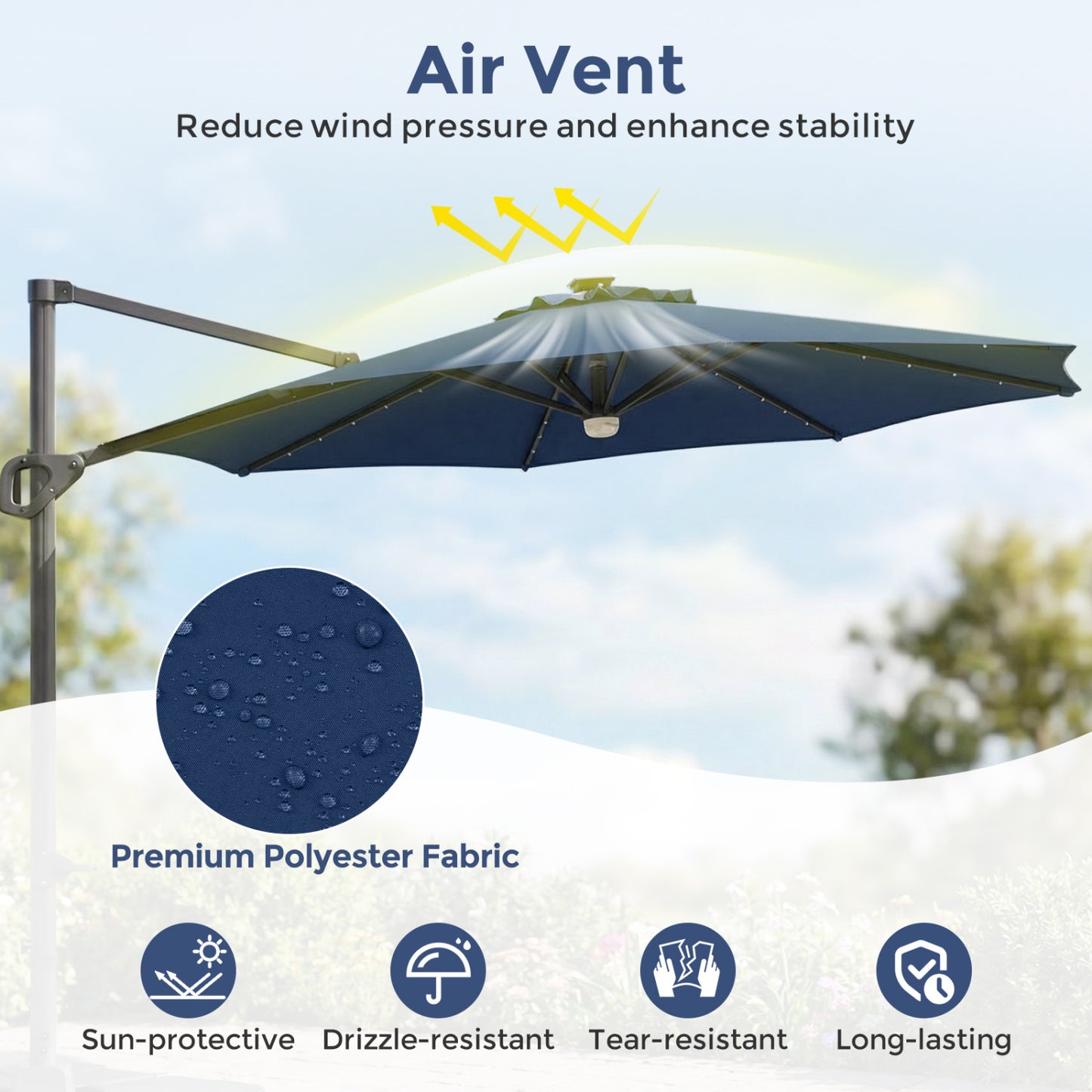 10 FT Cantilever Patio Umbrella with 35 Solar LED Lights and 220 LBS Base, Dark Blue Outdoor Umbrellas at Gallery Canada