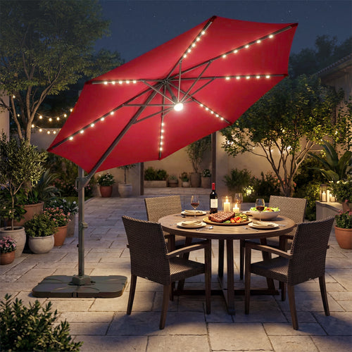 10 FT Cantilever Patio Umbrella with 35 Solar LED Lights and 220 LBS Base, Red