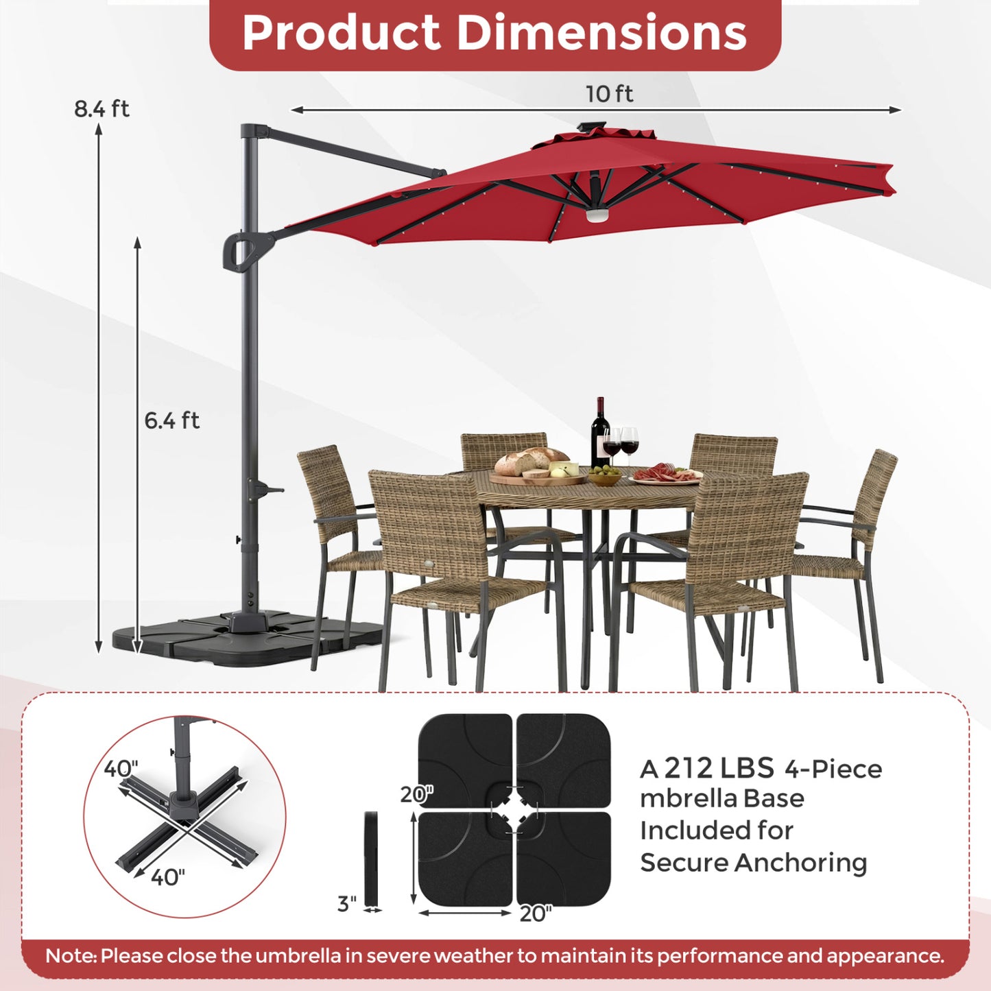 10 FT Cantilever Patio Umbrella with 35 Solar LED Lights and 220 LBS Base, Red Outdoor Umbrellas at Gallery Canada